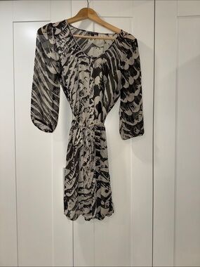 Express Black and Cream Printed Mini Dress with Tie Waist